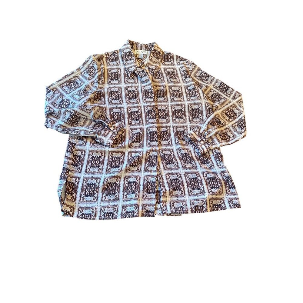 Milano Brown & Cream‎ Long-Sleeve Button-Up Shirt L Polyester Vintage 70s Career